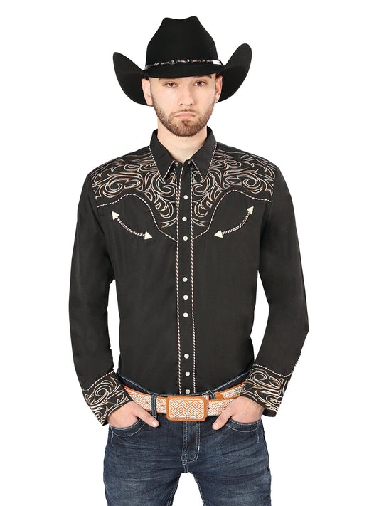 Black Long Sleeve Embroidered Denim Shirt for Men 'El Señor de los Cielos' - ID: 44198 Western Shirt El Señor de los Cielos Black