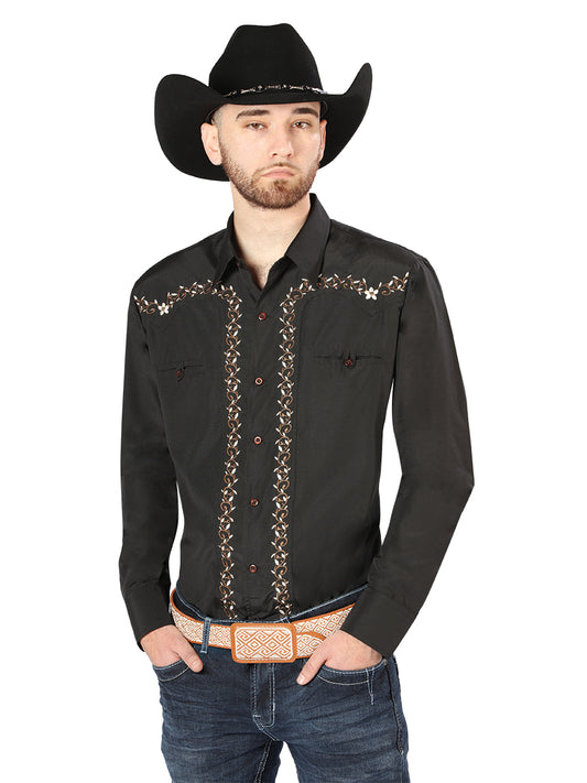 Black Long Sleeve Embroidered Denim Shirt for Men 'El Señor de los Cielos' - ID: 44200 Western Shirt El Señor de los Cielos Black