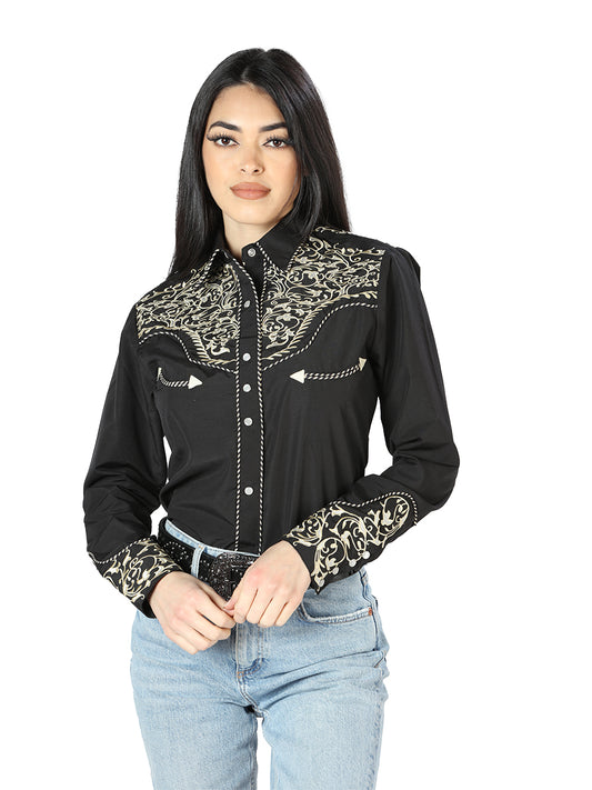 Black Embroidered Long Sleeve Denim Shirt for Women 'The Lord of the Skies' - ID: 44190