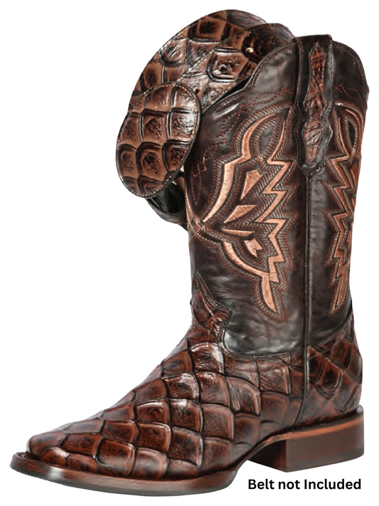 Cowboy Boots Rodeo Imitation of Monster Fish Engraving in Cowhide for Men 'El General' - ID: 44664