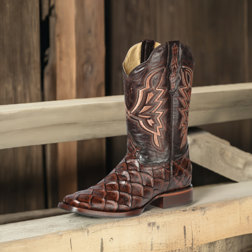 Rodeo Cowboy Boots Imitation of Monster Fish Engraved in Cowhide Leather for Men 'El General' - ID: 44664