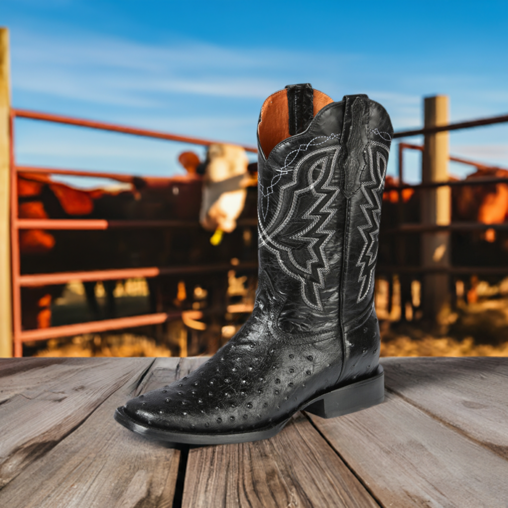 Engraved Ostrich Cowboy Boots in Cowhide Leather Cowboy Boots Black 8.5 US 27.5 MX