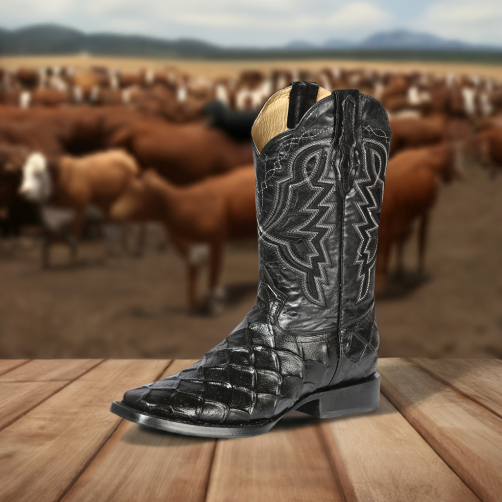 Rodeo Cowboy Boots Imitation of Monster Fish Engraved in Cowhide Leather for Men 'El General' - ID: 44663