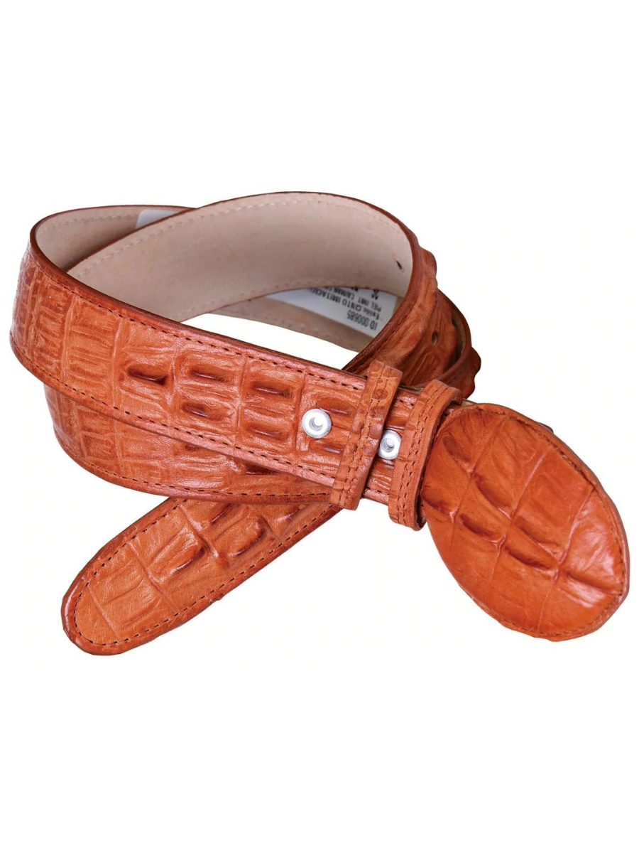 Imitation Caiman Tail Cowboy Belt Engraved in Cowhide Leather for Men with Oval Buckle, 1 1/2" Width 'El Señor de los Cielos' - ID: 685 Imitation Cowboy Belt El Señor de los Cielos COGNAC
