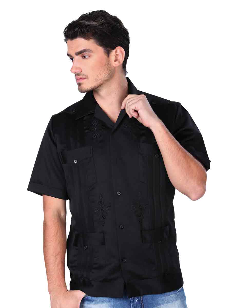 Black Short Sleeve Guayabera Shirt for Men 'El General' - ID: 3722