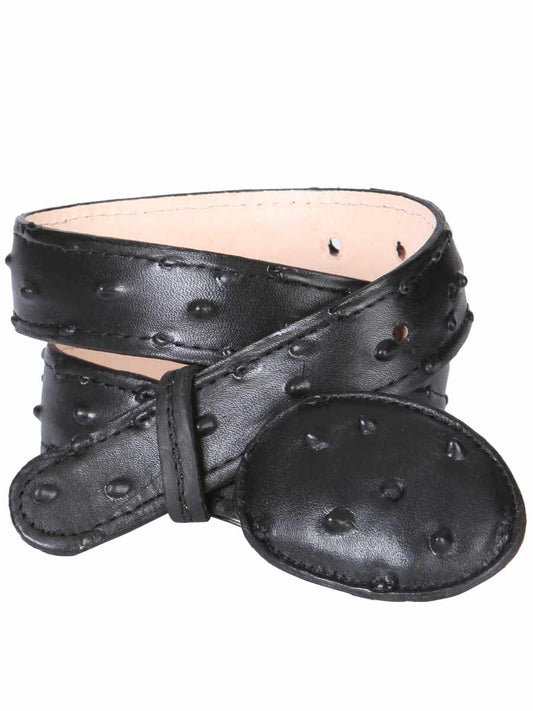 Imitation Ostrich Cowboy Belt Engraved in Cowhide Leather for Children with Oval Buckle, 1 1/2" Width 'El General' - ID: 9004 Imitation Cowboy Belt El General Black
