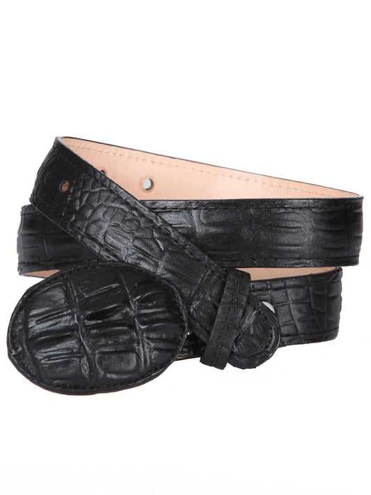 Imitation Cowboy Belt of Caiman Tail Engraved in Cowhide Leather for Children with Oval Buckle, 1 1/2" Width 'El General' - ID: 9012 Imitation Cowboy Belt El General Black
