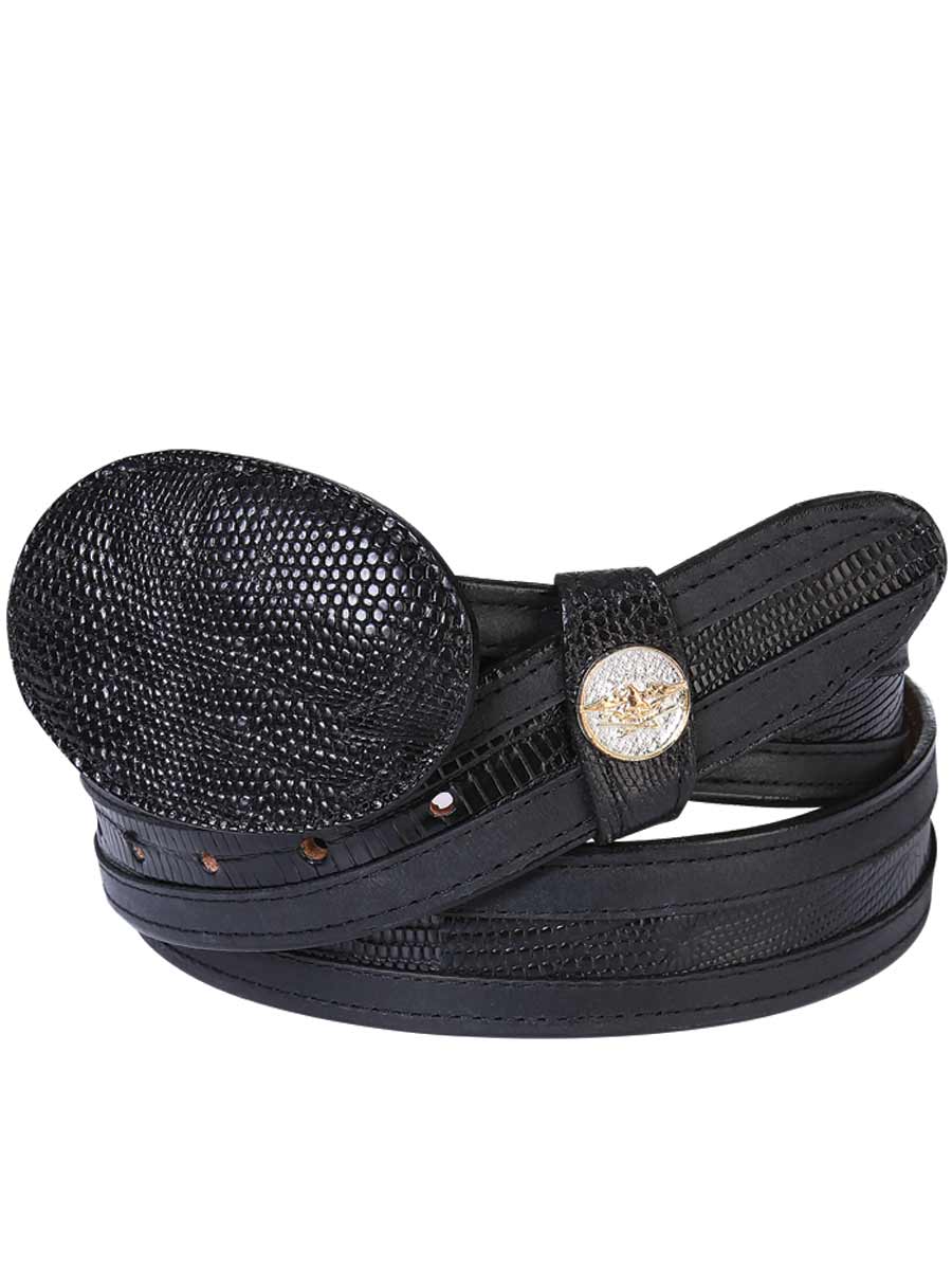 Original Lizard Exotic Denim Belt for Men with Oval Buckle, 1 1/2" Width 'El General' - ID: 21246 Exotic Belts El General Black
