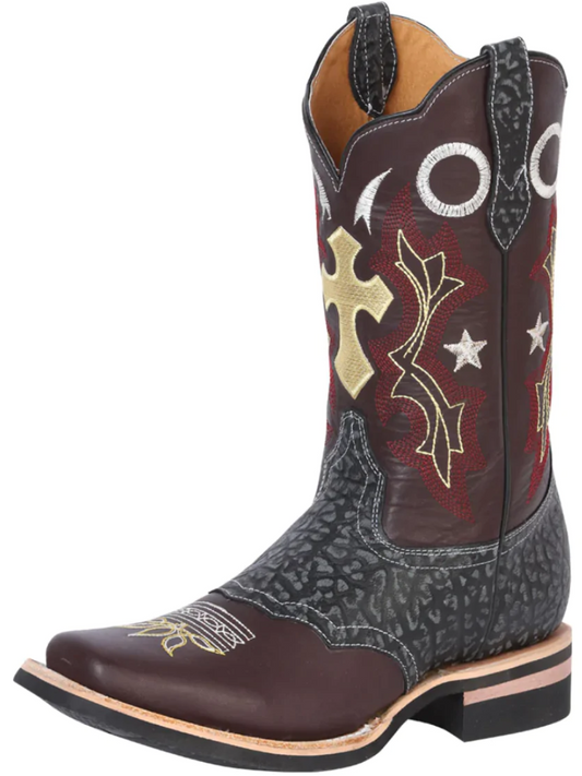 Rodeo Cowboy Boots with Genuine Leather Bull Neck Mask for Men 'El General' - ID: 27696 Cowboy Boots El General Wine/Black