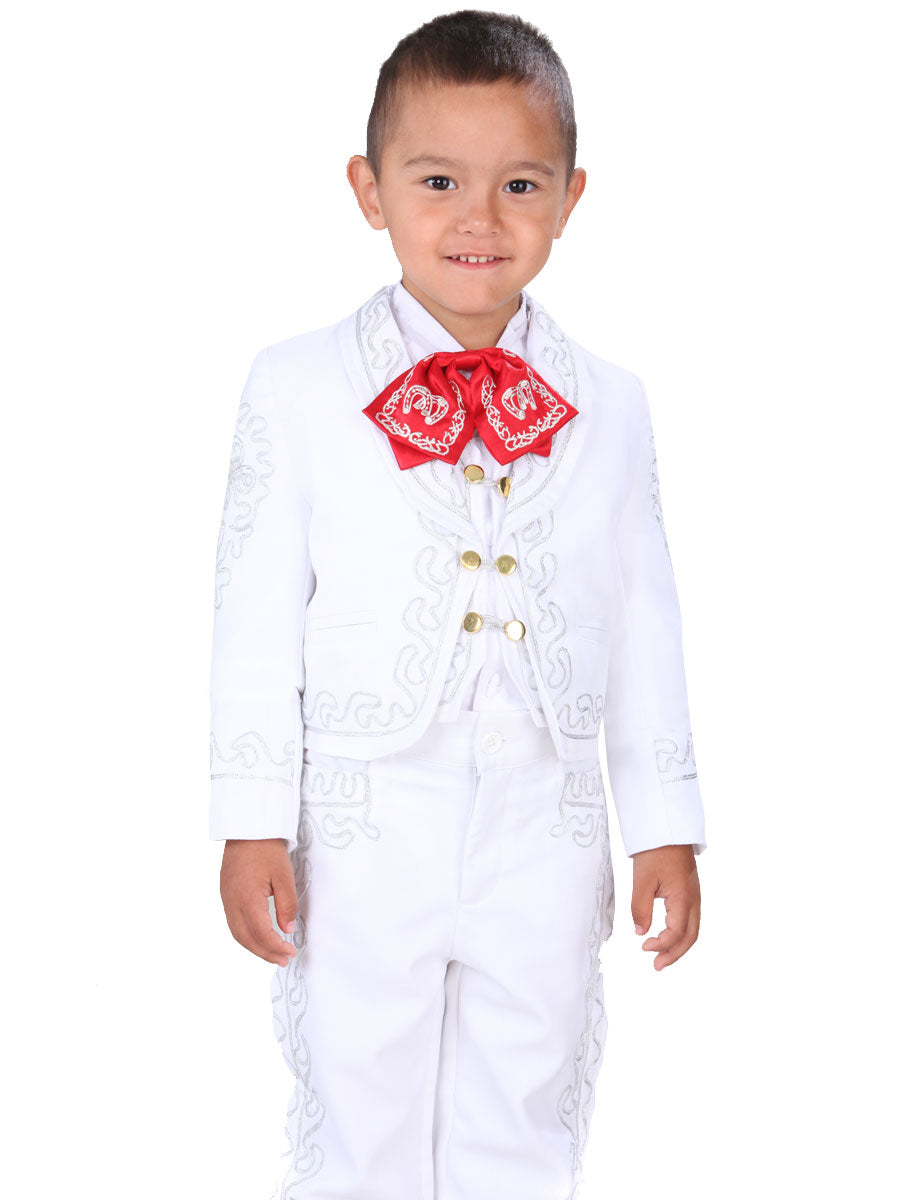Traje Charro Bordado Blanco/Blanco/Rojo para Niños 'El General' - ID: 34263 Charro Suit El General White/White/Red