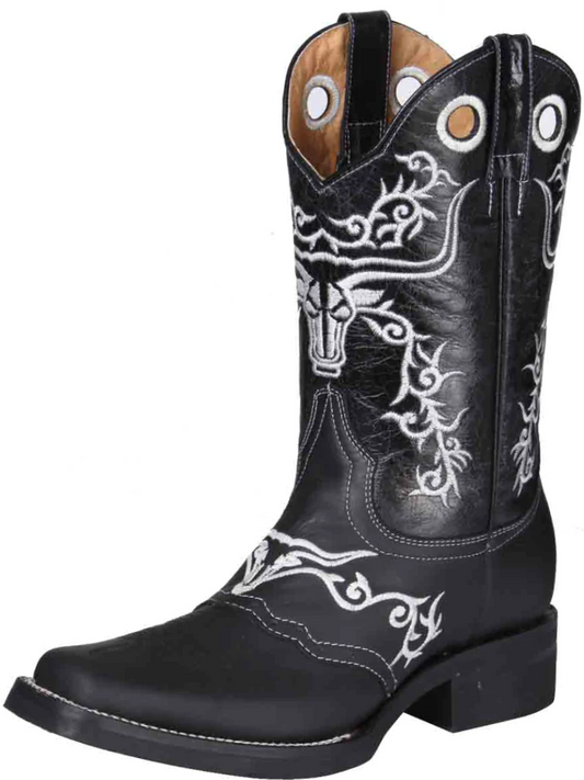 Rodeo Cowboy Boots with Embroidered Genuine Leather Mask for Men 'El General' - ID: 34313 Cowboy Boots El General Black