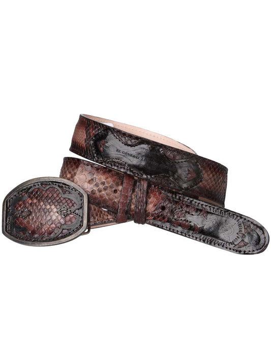 Men's Original Python Exotic Cowboy Belt with Oval Buckle, 1 1/2" Width 'El General' - ID: 34620 Exotic Cowboy Belt El General Choco Banda