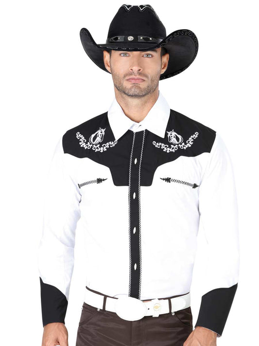 Charro Embroidered Long Sleeve White/Black Denim Shirt for Men 'El Señor de los Cielos' - ID: 35185 Western Shirt El Señor de los Cielos White/Black