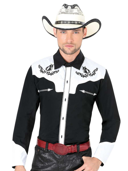 Camisa Vaquera Charra Bordada Manga Larga Negro/Blanco para Hombre 'El Señor de los Cielos' - ID: 35186
