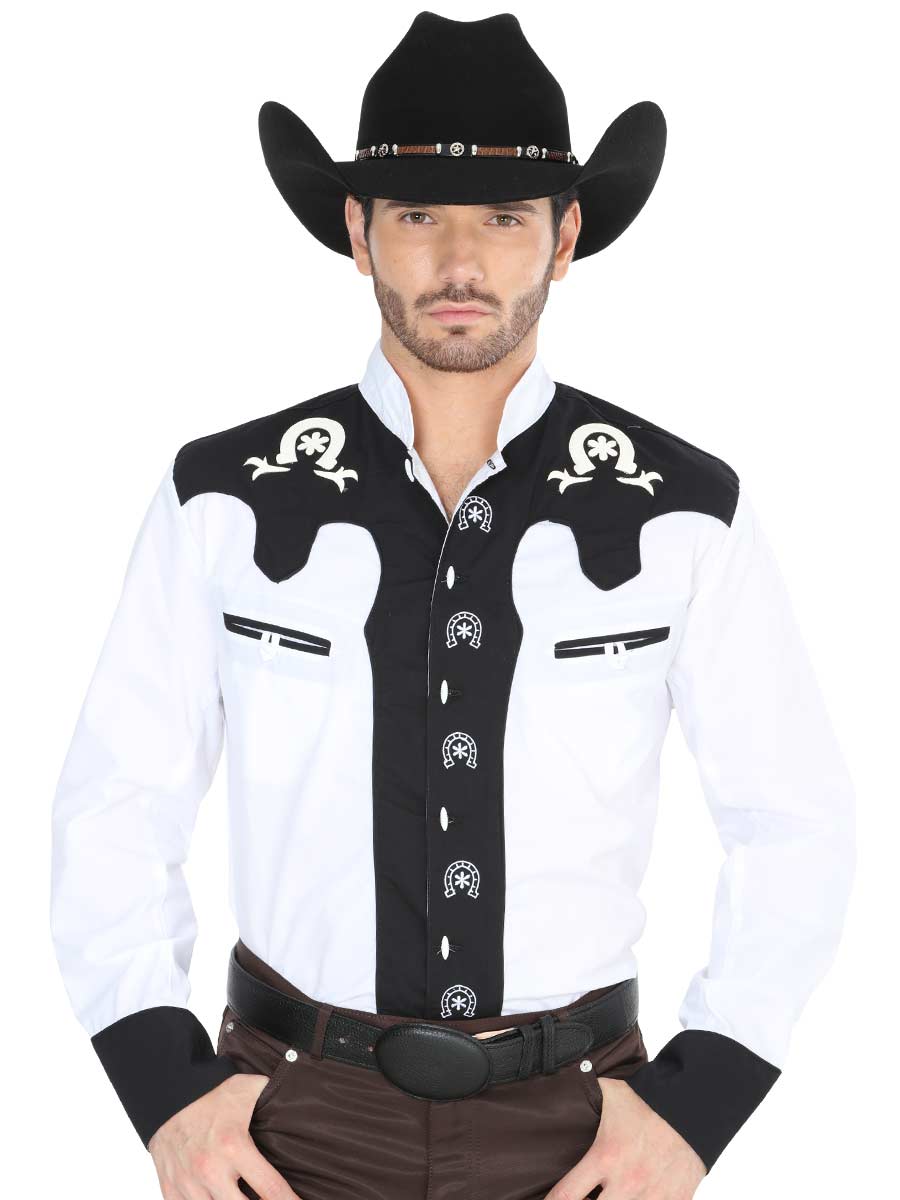 Camisa Vaquera Charra Bordada Manga Larga Blanco/Negro para Hombre 'El Señor de los Cielos' - ID: 35187