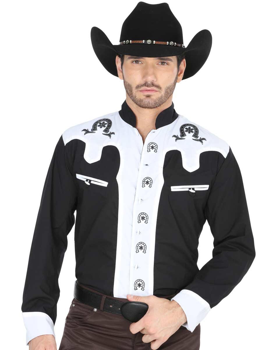 Camisa Vaquera Charra Bordada Manga Larga Negro/Blanco para Hombre 'El Señor de los Cielos' - ID: 35188 Western Shirt El Señor de los Cielos Black/White