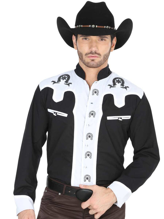 Camisa Vaquera Charra Bordada Manga Larga Negro/Blanco para Hombre 'El Señor de los Cielos' - ID: 35188