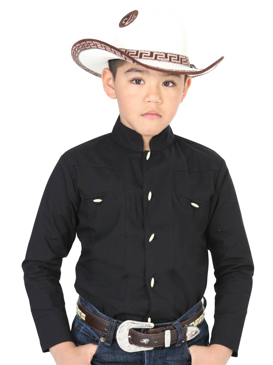 Black Long Sleeve Charra Cowboy Shirt for Children 'El General' - ID: 40366