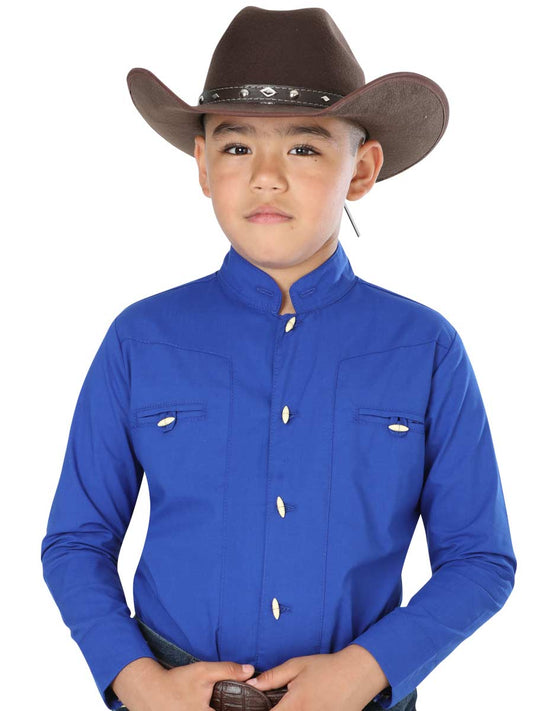 Camisa Vaquera Charra Manga Larga Azul Cobalto para Niños 'El General' - ID: 40368