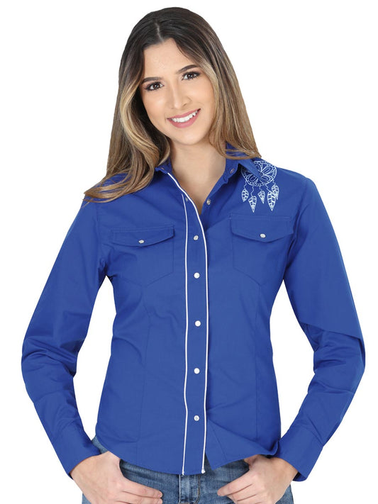 Long Sleeve Denim Shirt with Royal Blue Printed Design for Women 'El General' - ID: 40476 Western Shirt El General Royal Blue