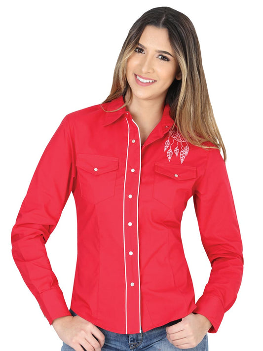 Long Sleeve Denim Shirt with Red Printed Design for Women 'El General' - ID: 40479 Western Shirt El General Red