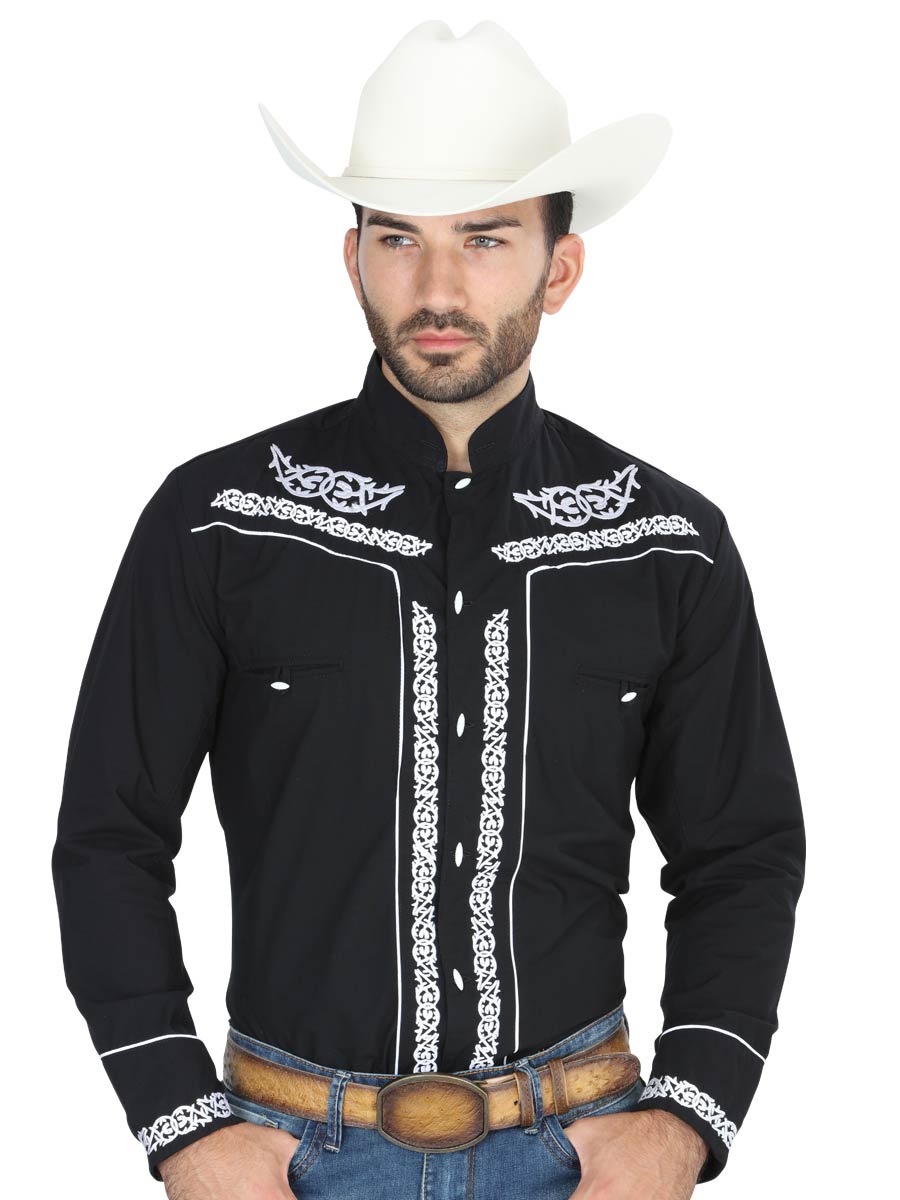 Charro Embroidered Long Sleeve Black Denim Shirt for Men 'El Señor de los Cielos' - ID: 40782 Western Shirt El Señor de los Cielos Black