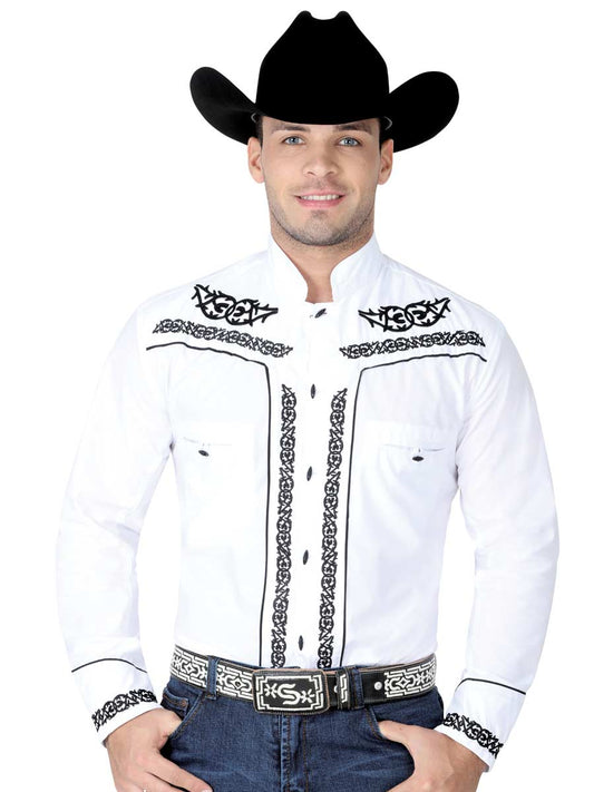 White Long Sleeve Embroidered Charro Denim Shirt for Men 'El Señor de los Cielos' - ID: 40783 Western Shirt El Señor de los Cielos White