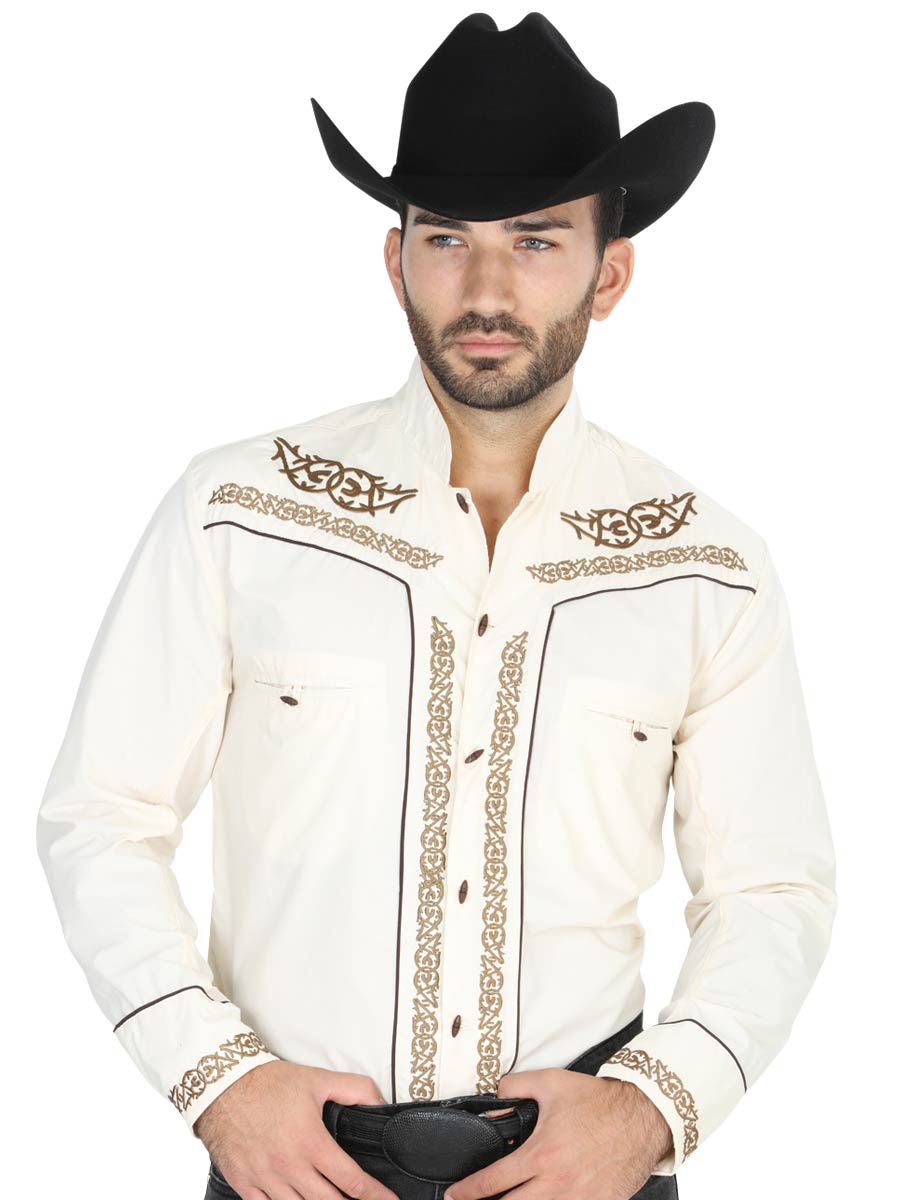 Charra Embroidered Long Sleeve Beige Cowboy Shirt for Men 'The Lord of the Skies' - ID: 40784