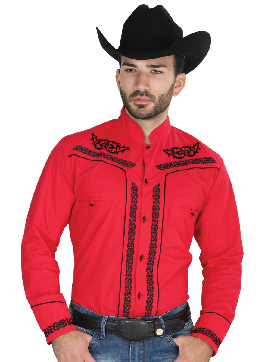 Red Long Sleeve Embroidered Charra Cowboy Shirt for Men 'The Lord of the Skies' - ID: 40786