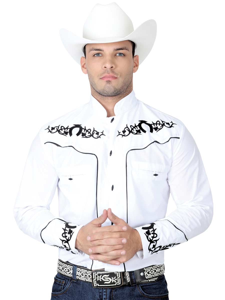 Camisa Vaquera Charra Bordada Manga Larga Blanco para Hombre 'El Señor de los Cielos' - ID: 40787