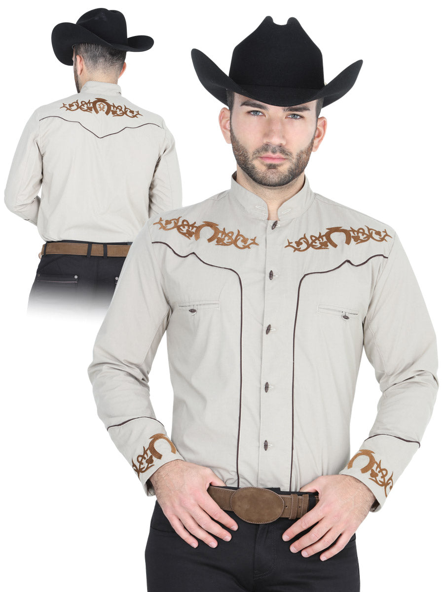 Camisa Vaquera Charra Bordada Manga Larga Caqui para Hombre El Senor de los Cielos ID 40789