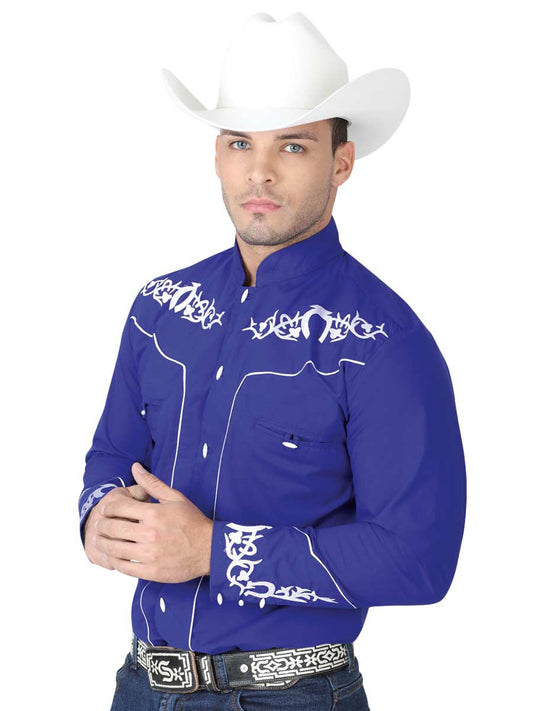 Charro Embroidered Long Sleeve Royal Blue Denim Shirt for Men 'El Señor de los Cielos' - ID: 40791 Western Shirt El Señor de los Cielos Royal Blue