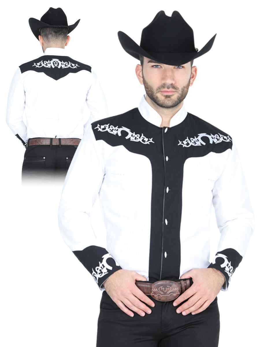 White/Black Long Sleeve Embroidered Charra Cowboy Shirt for Men 'The Lord of the Skies' - ID: 40792