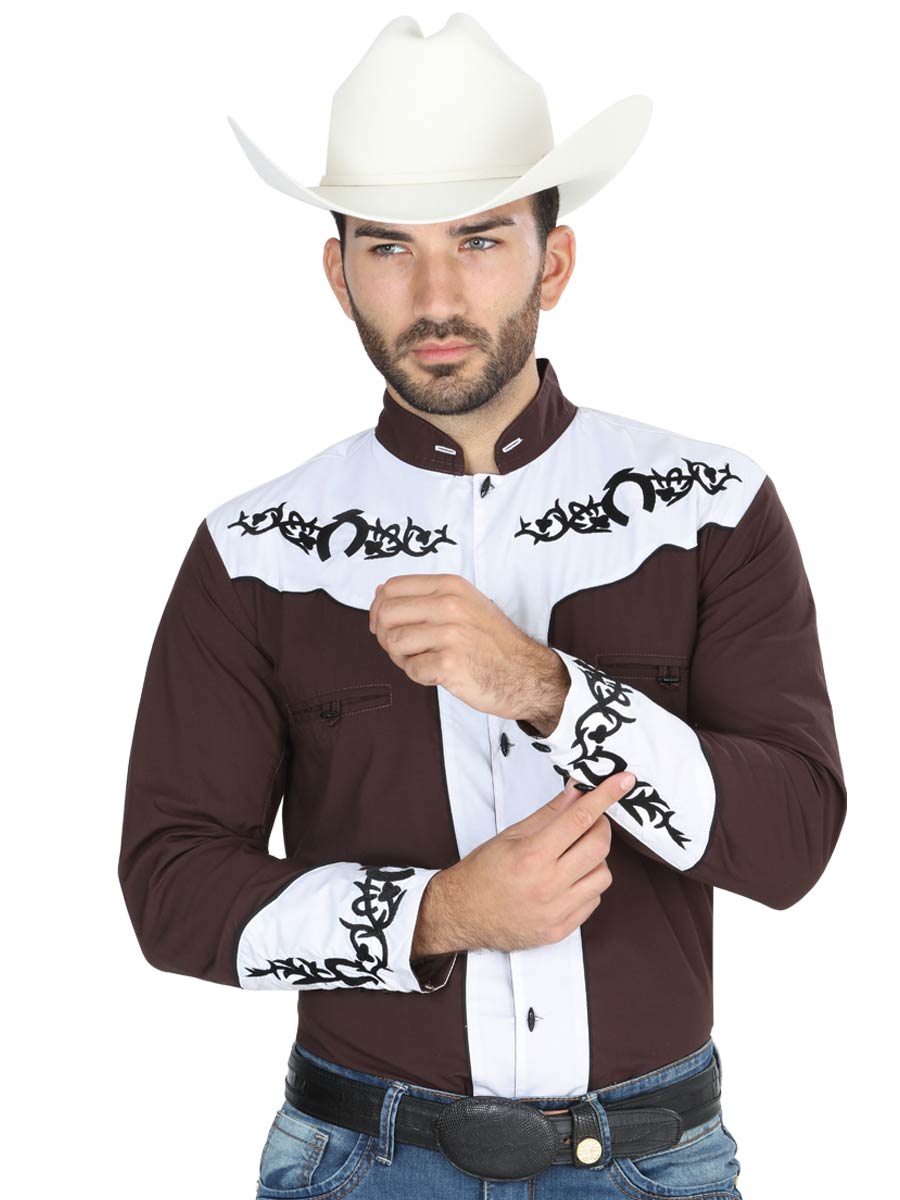 Charra Embroidered Long Sleeve Coffee/White Cowboy Shirt for Men 'The Lord of the Skies' - ID: 40793