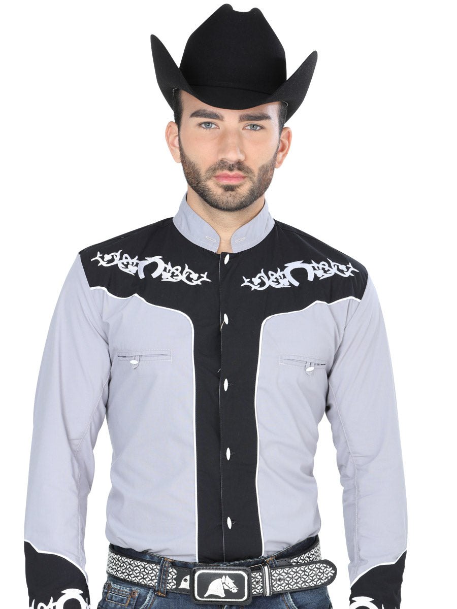 Gray / Black Embroidered Charra Denim Shirt for Men 'The Lord of the Skies' - ID: 40794