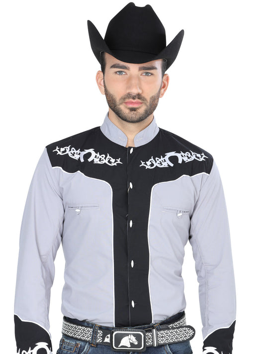 Camisa Vaquera Charra Bordada Manga Larga Gris/Negro para Hombre 'El Señor de los Cielos' - ID: 40794