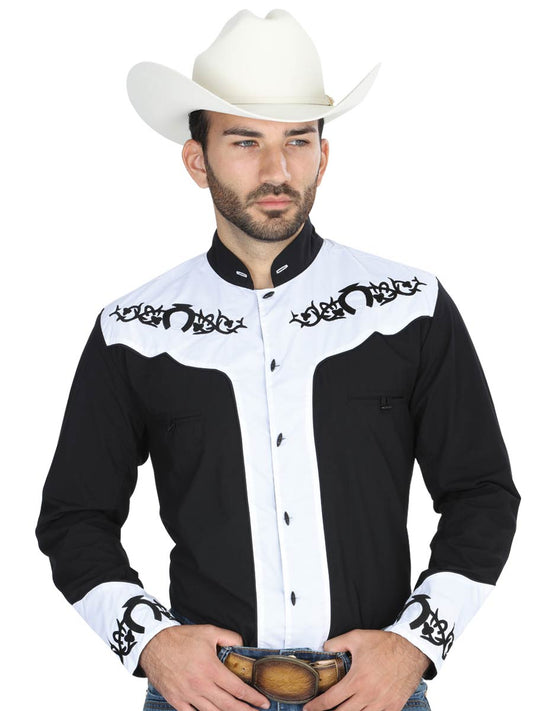 Charro Embroidered Long Sleeve Black/White Denim Shirt for Men 'El Señor de los Cielos' - ID: 40795 Western Shirt El Señor de los Cielos Black/White