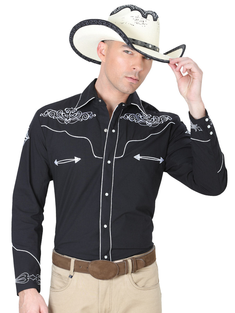 Black Long Sleeve Embroidered Denim Shirt for Men 'El General' - ID: 40983