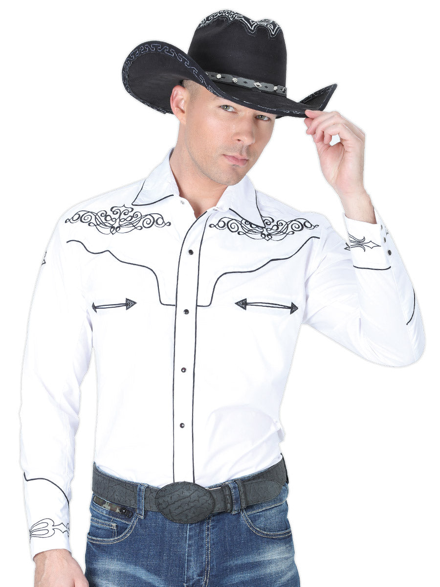 White Long Sleeve Embroidered Denim Shirt for Men 'El General' - ID: 40984