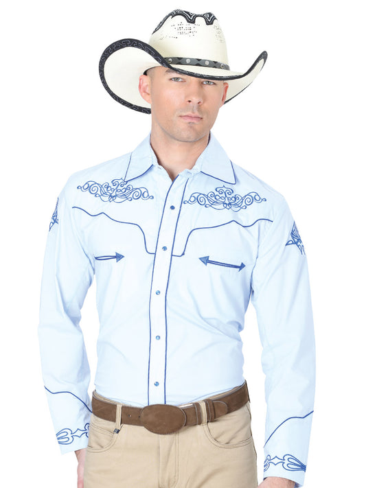 Blue Long Sleeve Embroidered Denim Shirt for Men 'El General' - ID: 40985