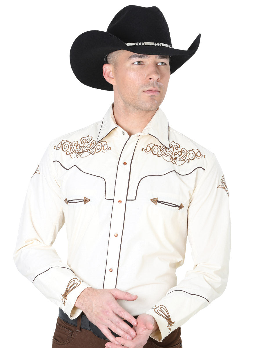 Beige Long Sleeve Embroidered Denim Shirt for Men 'El General' - ID: 40986