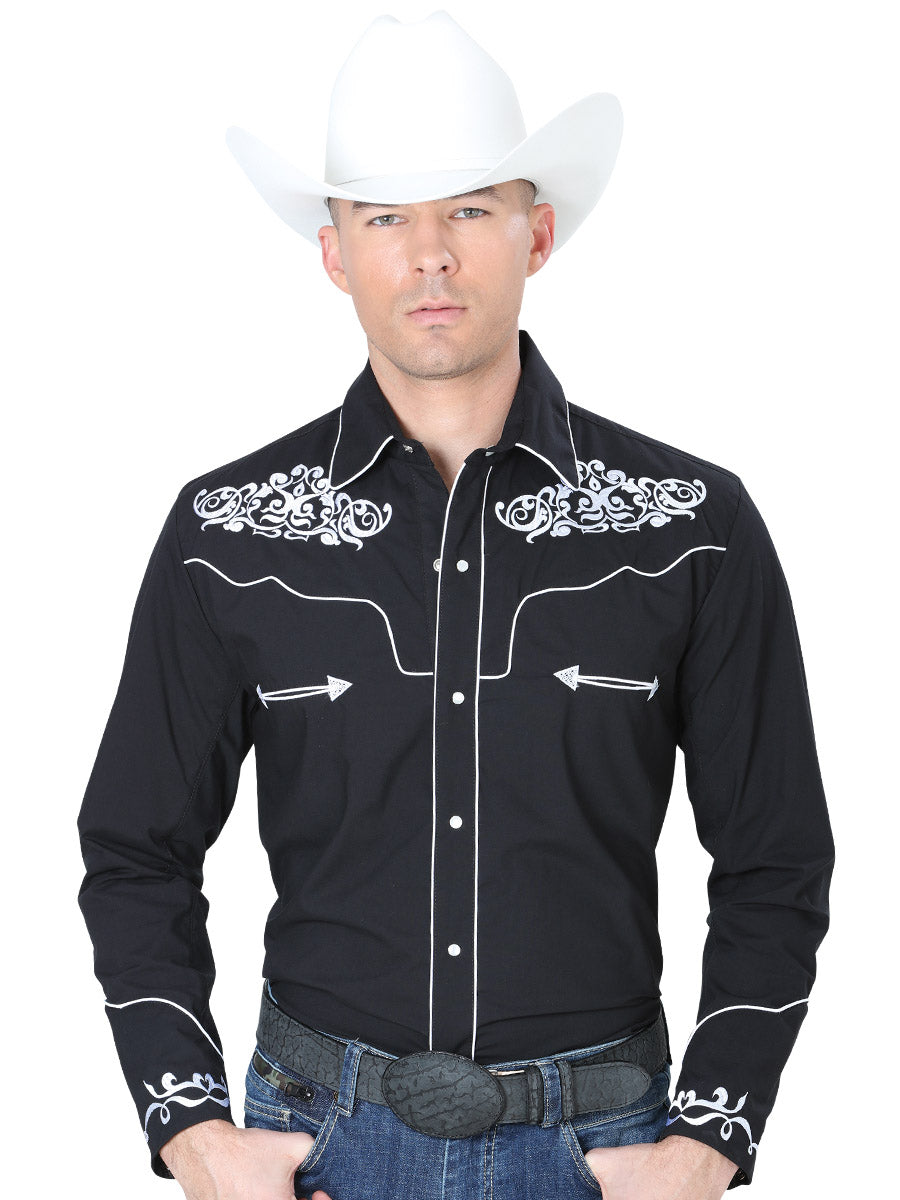 Black Long Sleeve Embroidered Denim Shirt for Men 'El General' - ID: 40987