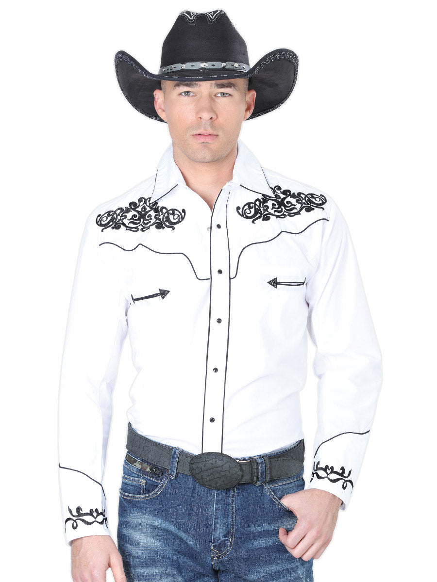 White Long Sleeve Embroidered Denim Shirt for Men 'El General' - ID: 40988 Western Shirt El General White