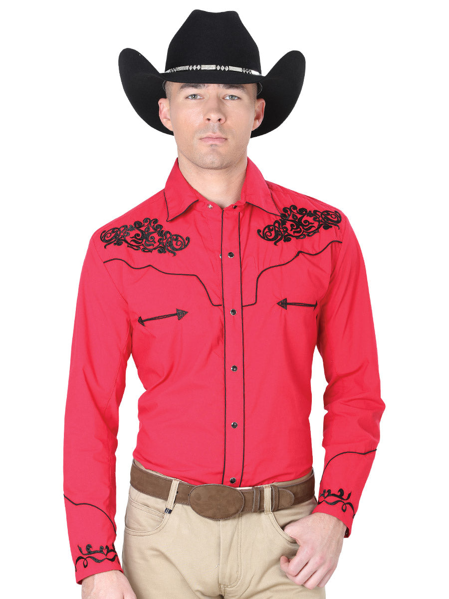 Camisa Vaquera Bordada Manga Larga Rojo para Hombre 'El General' - ID: 40989