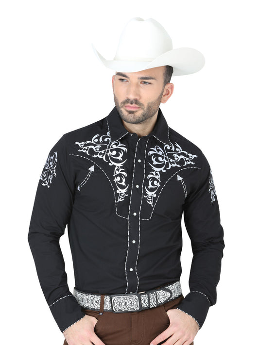 Black Long Sleeve Embroidered Denim Shirt for Men 'El Señor de los Cielos' - ID: 40990 Western Shirt El Señor de los Cielos Black