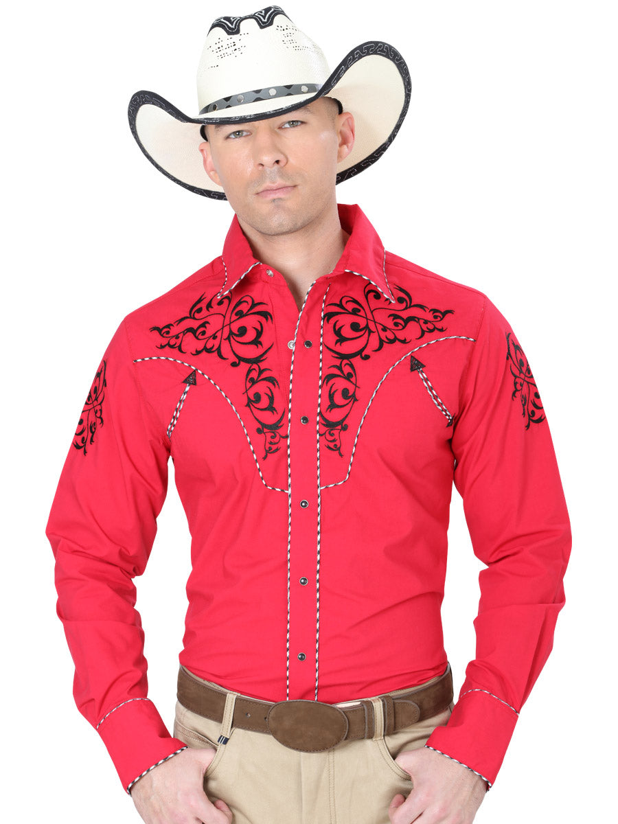 Red Long Sleeve Embroidered Denim Shirt for Men 'The Lord of the Skies' - ID: 40992