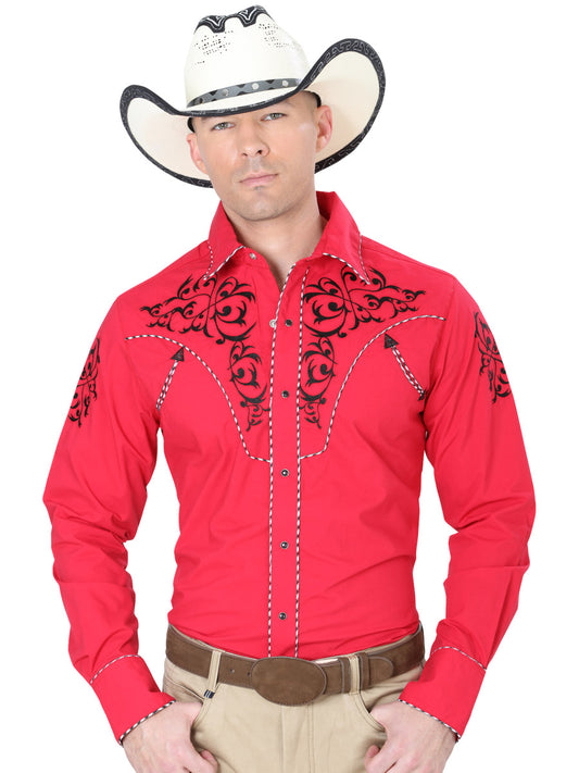 Camisa Vaquera Bordada Manga Larga Rojo para Hombre 'El Señor de los Cielos' - ID: 40992 Western Shirt El Señor de los Cielos Red