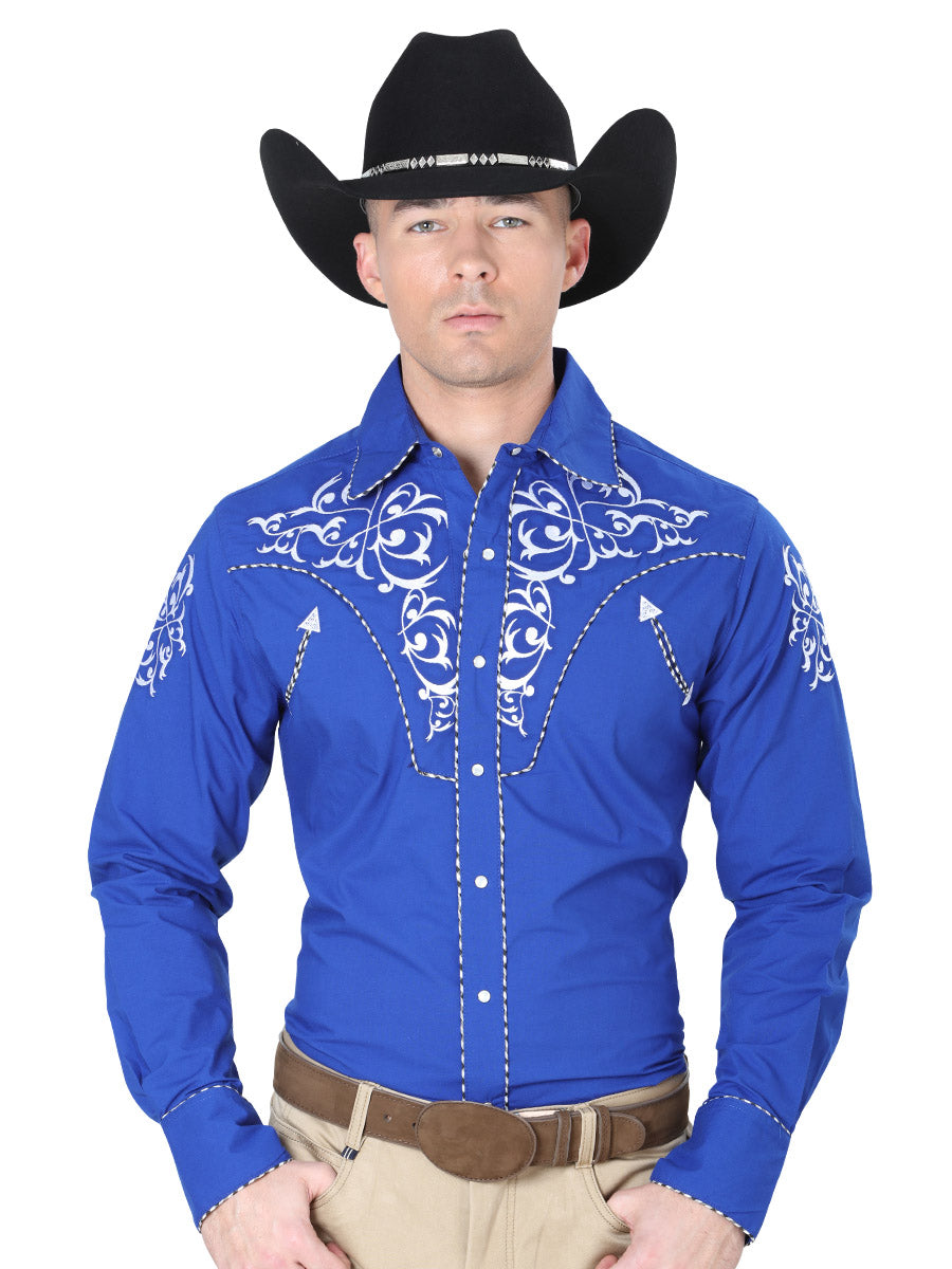 Royal Blue Long Sleeve Embroidered Denim Shirt for Men 'The Lord of the Skies' - ID: 40993