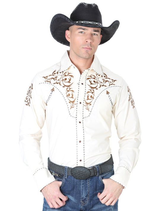 Beige Long Sleeve Embroidered Denim Shirt for Men 'The Lord of the Skies' - ID: 40994