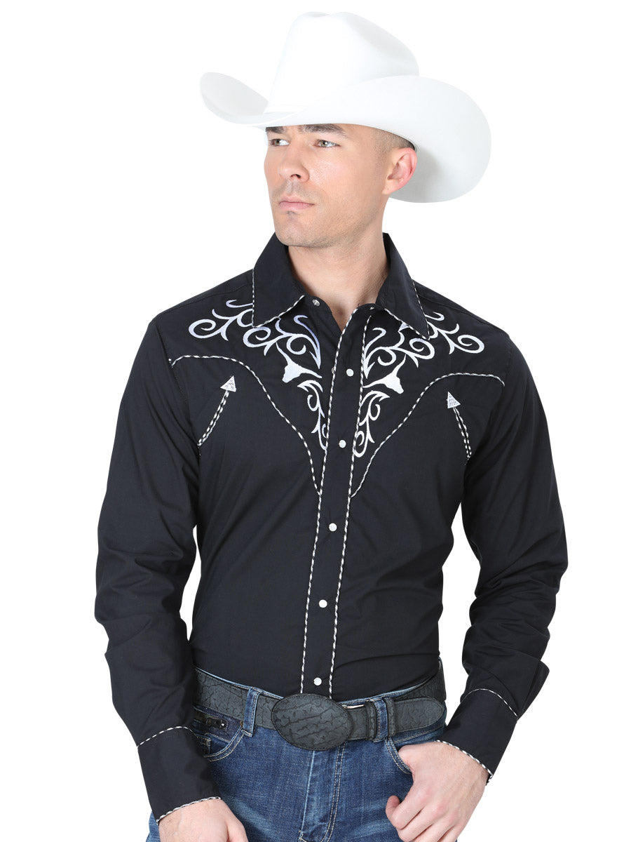 Camisa Vaquera Bordada Manga Larga Negro para Hombre 'El Señor de los Cielos' - ID: 41003